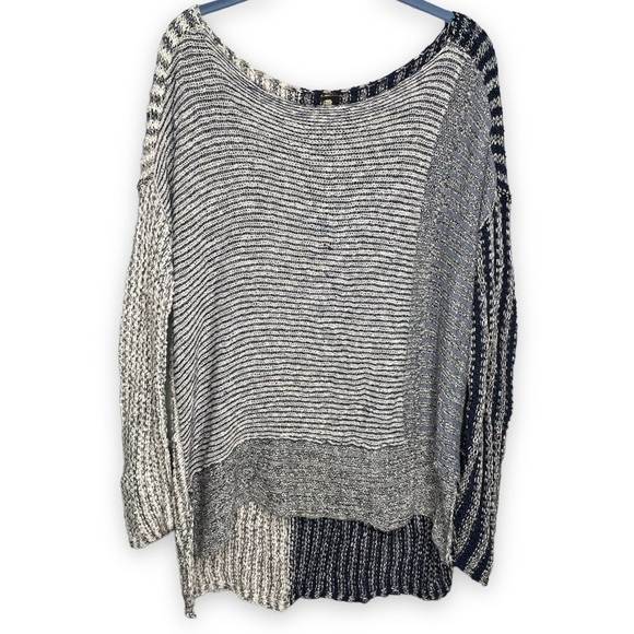 Free People patchwork knit sweater two tone navy stripe slouchy oversized tunic - Picture 1 of 6